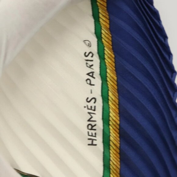 HERMES Pleated Scarf ""LES VOITURES A TRANSFORMATION"" Silk Blue Auth - Picture 14 of 16